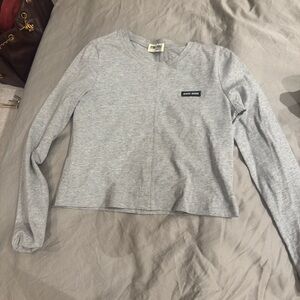 Miu Miu Heather Gray Long Sleeve Crop Tee with Logo Patch